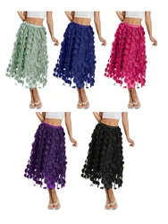 Women Tulle Tutu Skirt Solid Color 3D Dot Mesh Fairy A-Line Long Skirt Elastic Waist Beach Party Streetwear