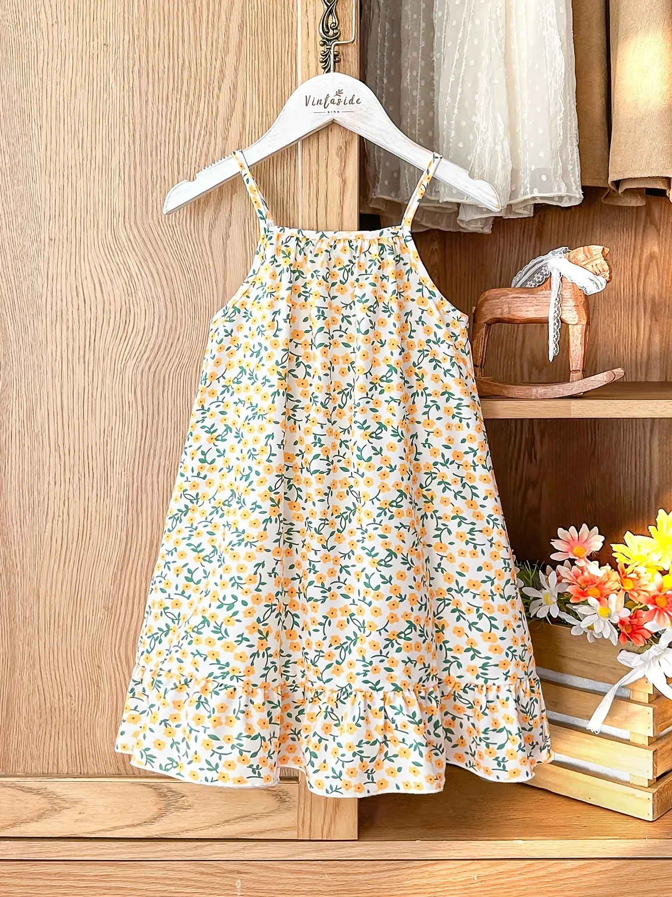 Light Breathable Kids Girls Single Piece Camisole Dress, All Over Small Floral Print Adjustable Thin Strap Flowy A-line Skirt fo