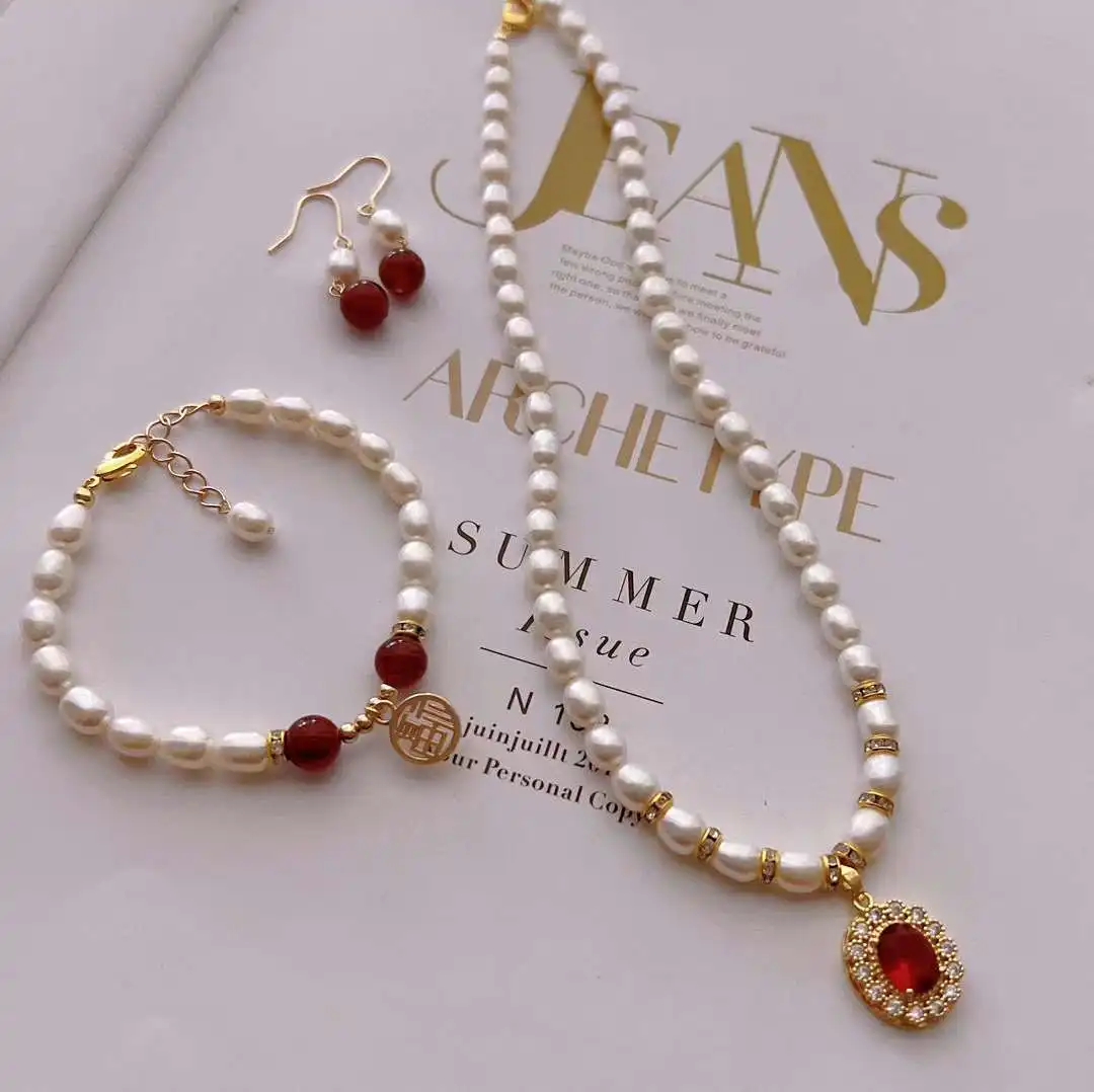 

Treasure Set Freshwater Rice Pearl Necklace, Bracelet And Earring Set Pearl Jewelry Natural Highly Recommended Red 7-8mm Gold