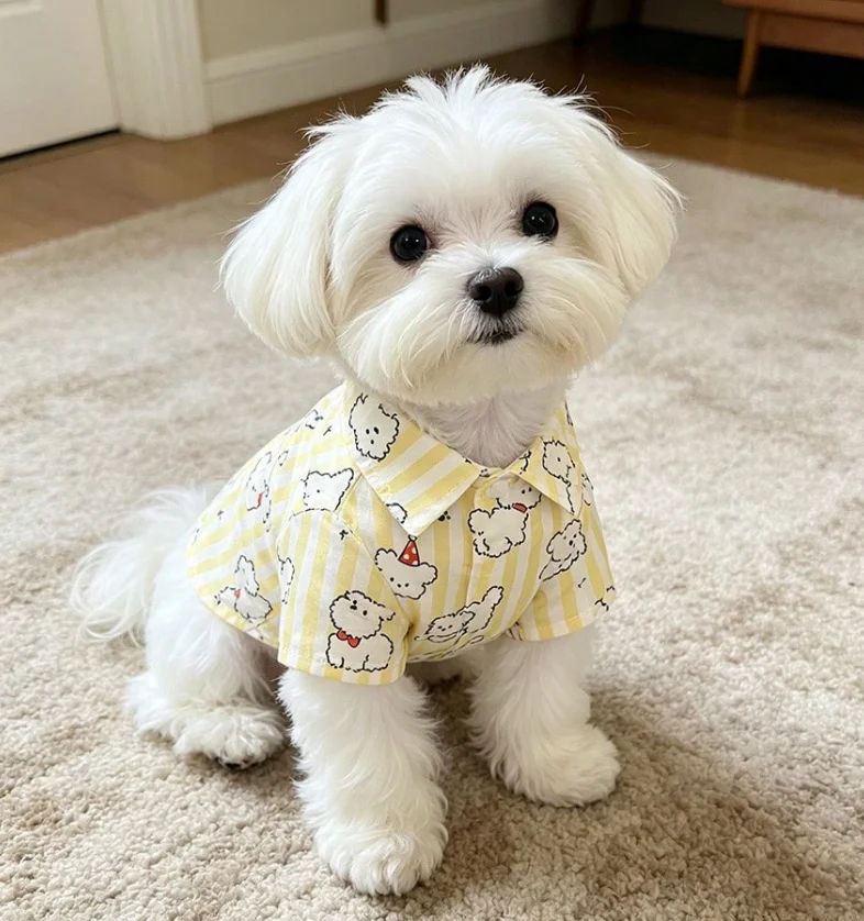 Camisa para mascotas con estampado de un cachorro de dibujos animados a rayas amarillas y blancas, blusa ligera y transpirable con cuello, ideal para el uso diario y actividades al aire libre, para perros pequeños.