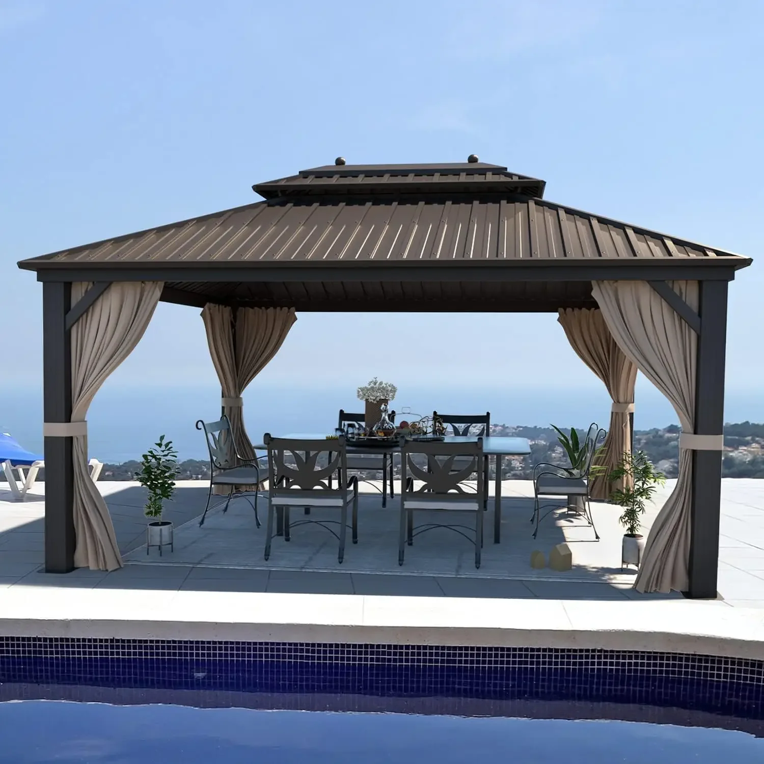 

10'x13' Hardtop Gazebo with Galvanized Steel Double Roof Pergolas Aluminum Frame Netting and Curtains Metal Outdoor Gazebos