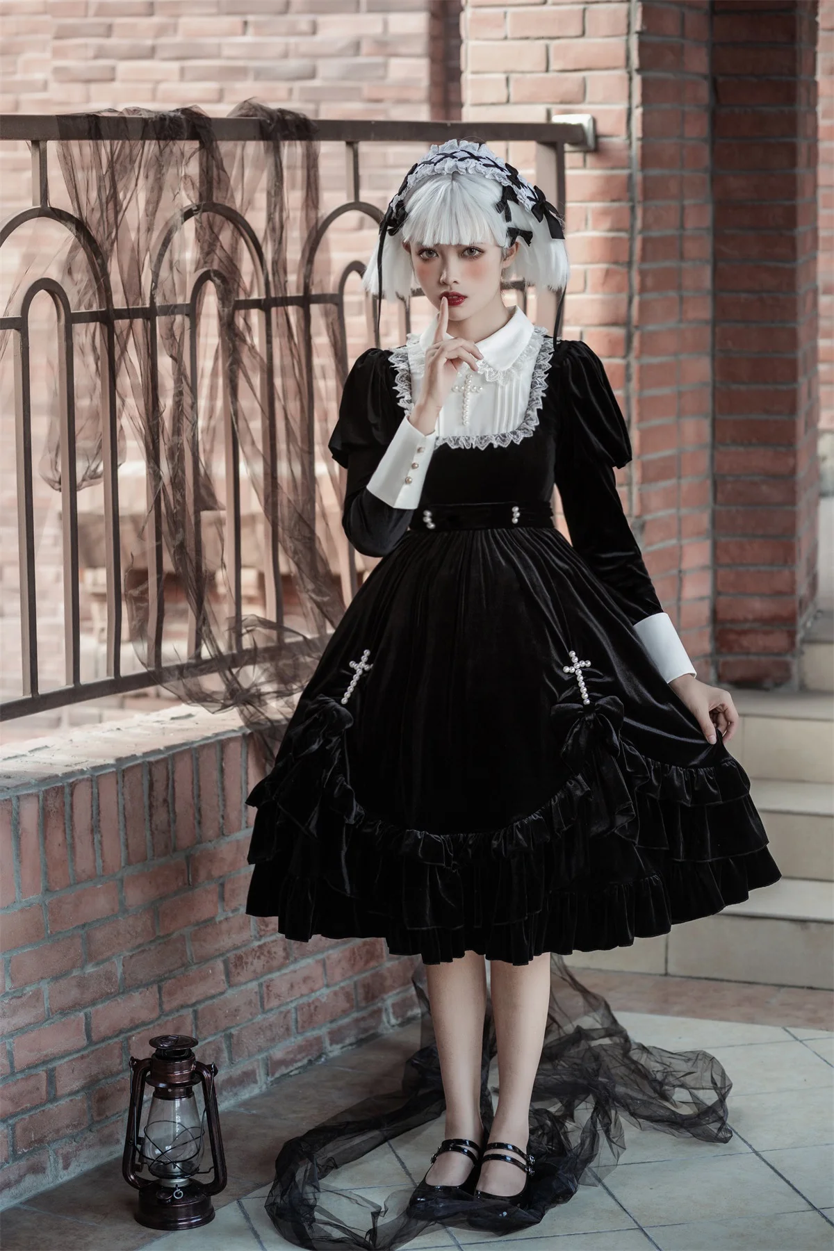 Gothic Lolita Dress Girl OP Lace Women Cross Pattern ricamo Cosplay Party manica lunga Nun Sister Punk Prom Summer Black