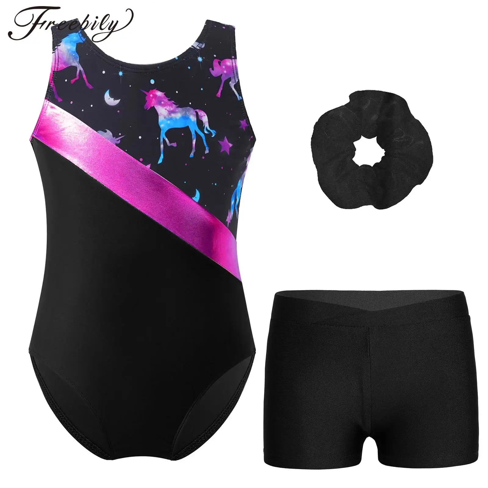 Kinder Mädchen Ballett Outfits ärmellose bedruckte Trikot mit Shorts Dance wear Set für Workout Training Bodysuit Gymnastik Overall