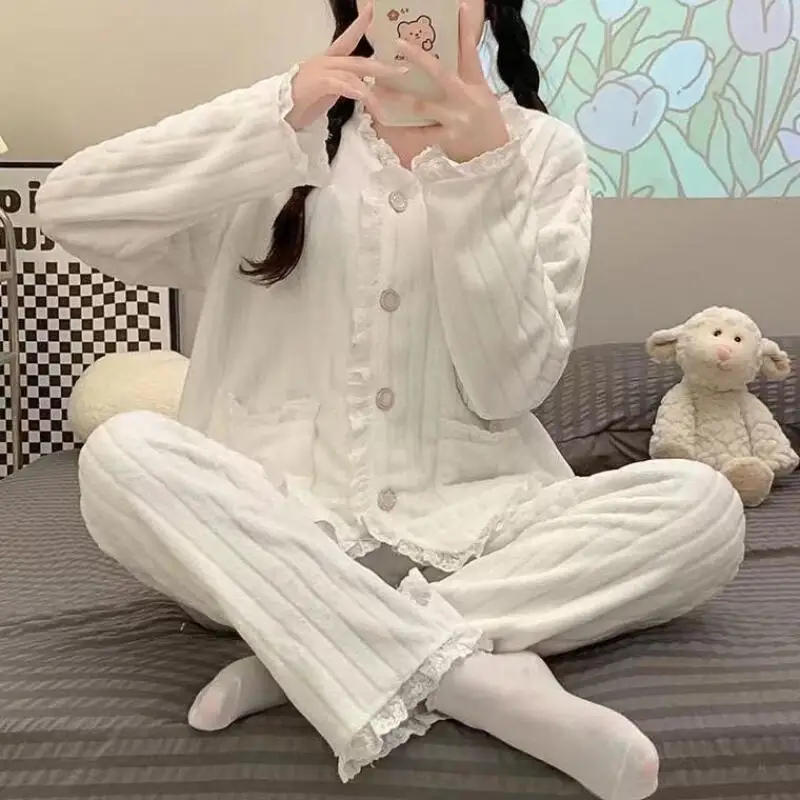 

Женская одежда, осенние и зимние пижамы, домашний комплект, брюки с длинными рукавами, милый удобный теплый комплект из двух предметов, утепленный