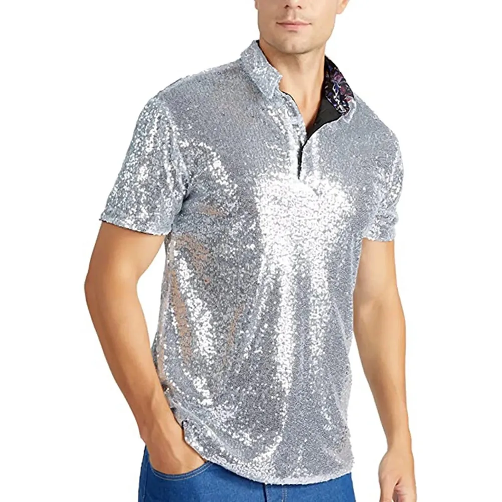 Comfy Fashion T-Shirt Short Sleeve Lapel Men Nightclub Party Sequin Shiny Short Sleeve Solid Color Stage Summer