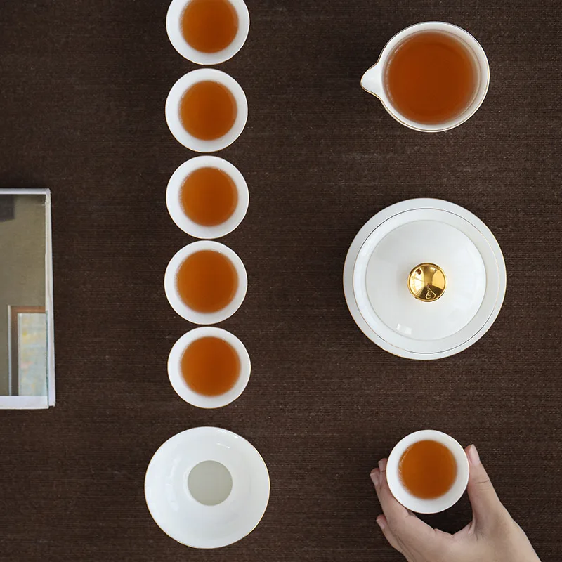 Gilt Sheep Fat Jade White Porcelain Tea Set Ceramic Household Gold-Plated Kung Fu Tea Set Complete Dehua White Porcelain