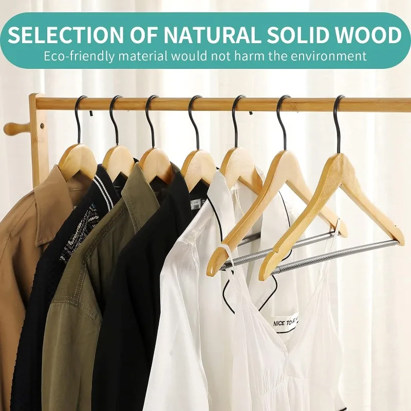 Premium Quality Wooden Clothes Hangers,Grade A Solid W/Special Noise Cancel Hook and Non Slip Pant Bar 20 Pack, Suits