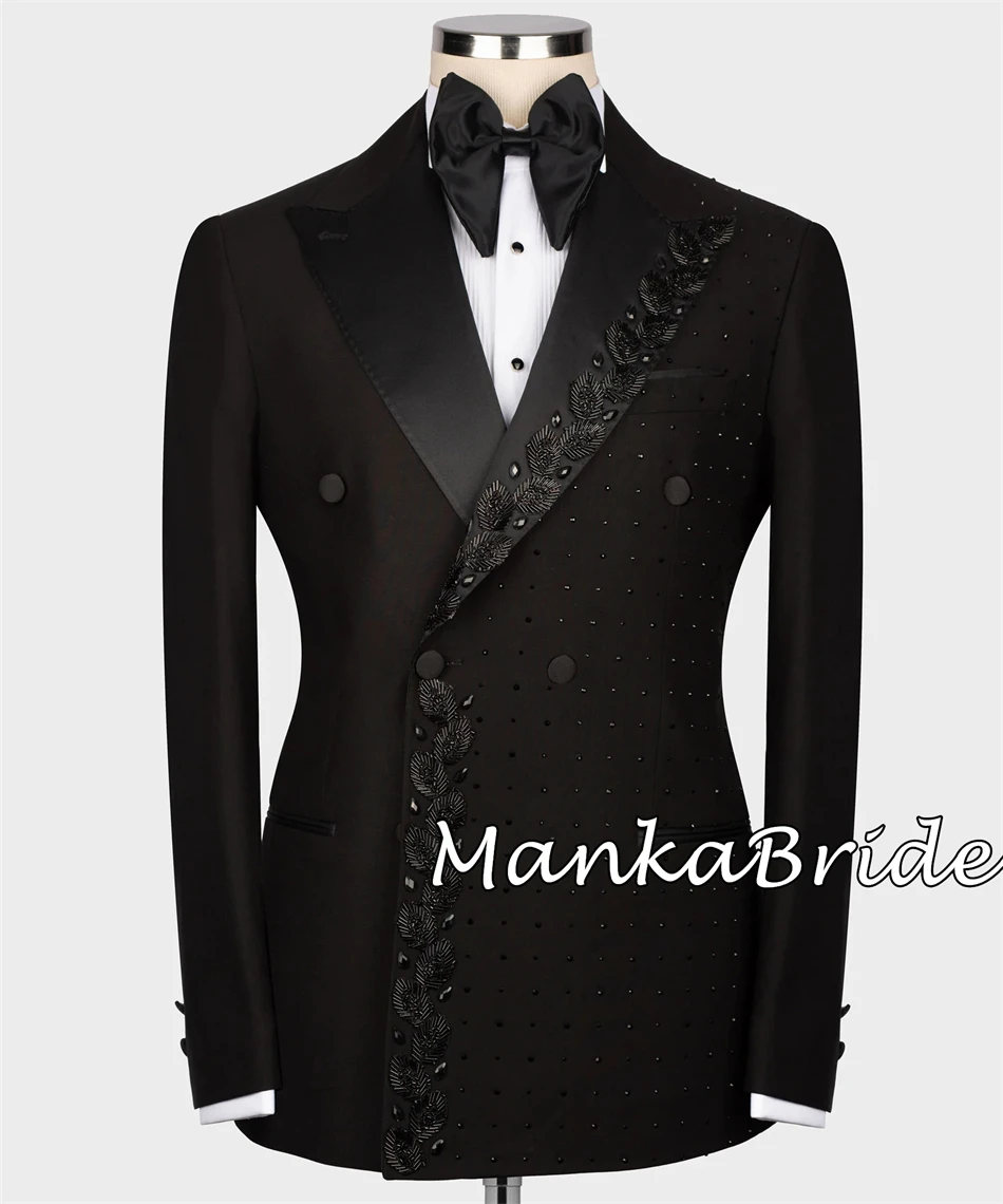 Men's Double Breasted Peak Lapel Blazer And Crystal Beads Pants Set Formal Wedding Party Groom Tuxedo Suit