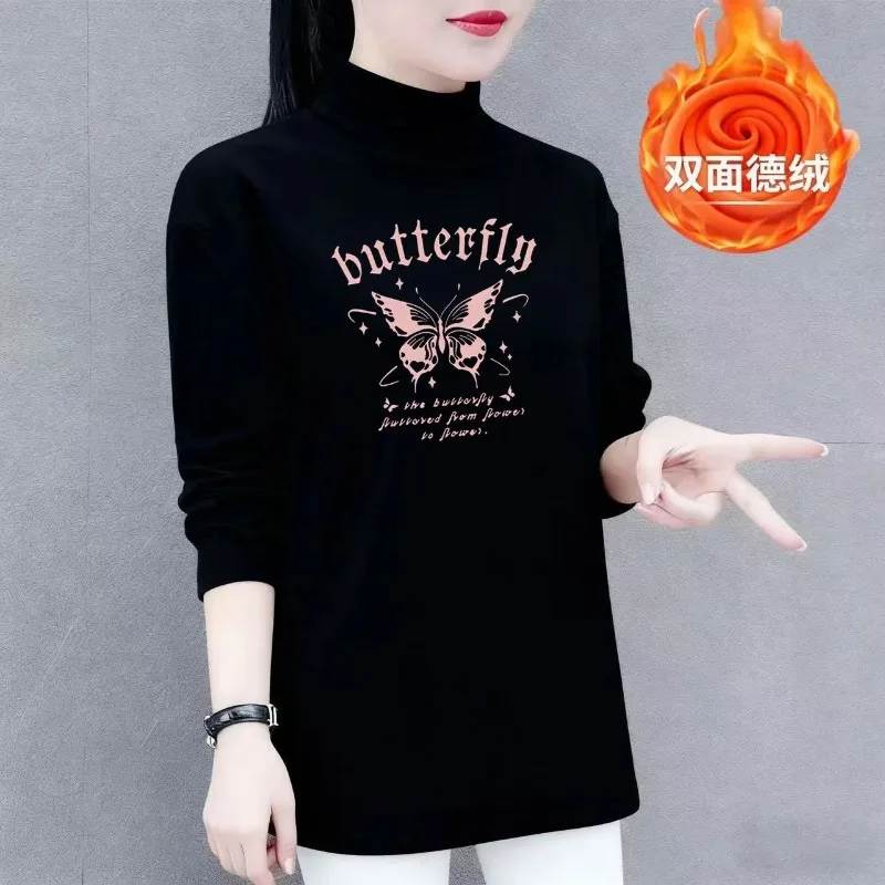 Women High Neck Butterfly Print Long Sleeve Top Warm Thermal Loose Mid Length Autumn Winter Inner Blouse