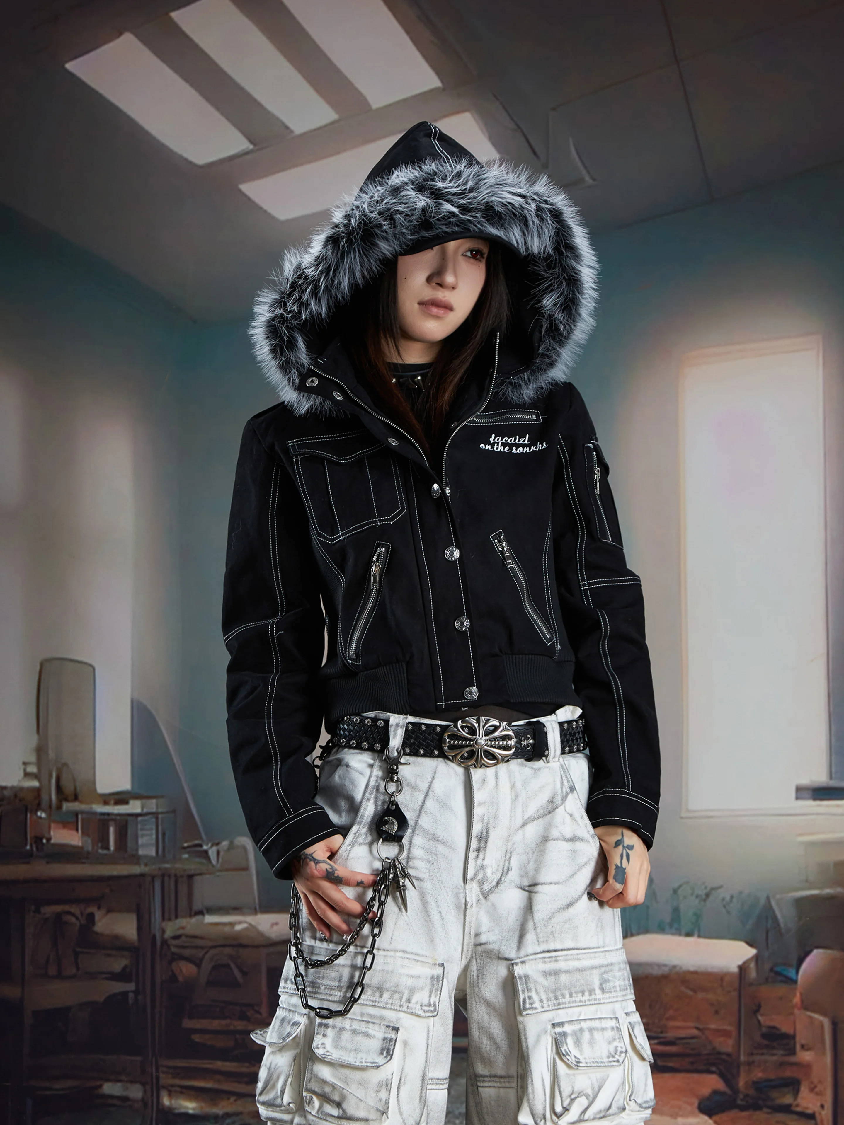 Heavy Industry Short Embroidery Zipper Hat Fur Collar Detachable Multiple Wear Denim Coat Jacket Women