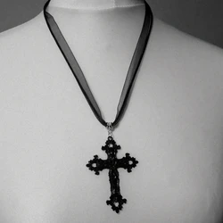 Large Black Ornate Medieval Victorian Cross Black Ribbon Cord Necklace Gothic