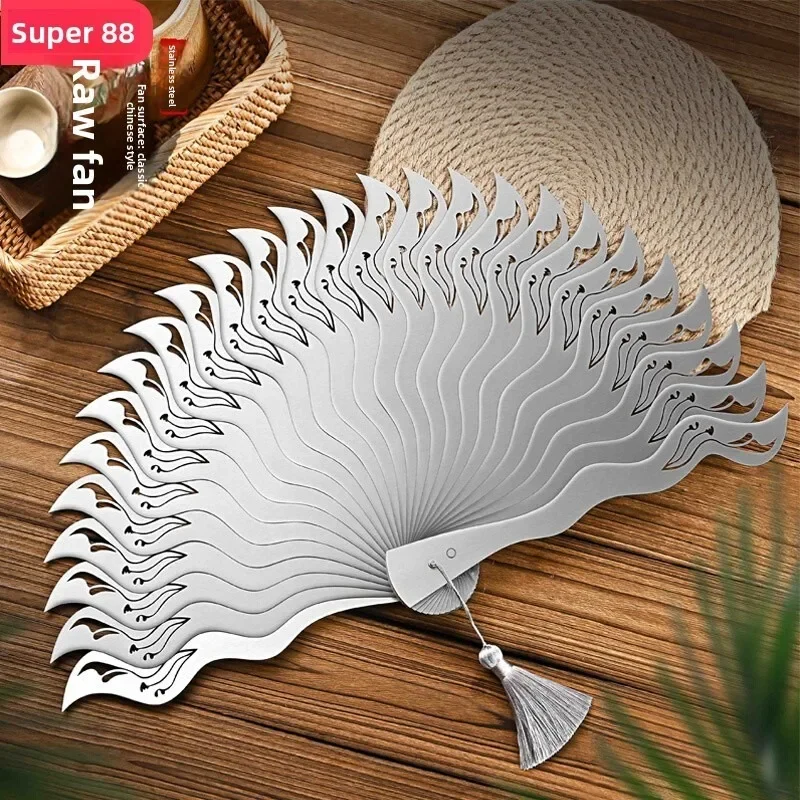 Chinese Fine Metal Antique Fan Hollow Self-Defense Kung Fu Tai Chi Fans Portable Men Stainless Steel Folding Fan Home Decor