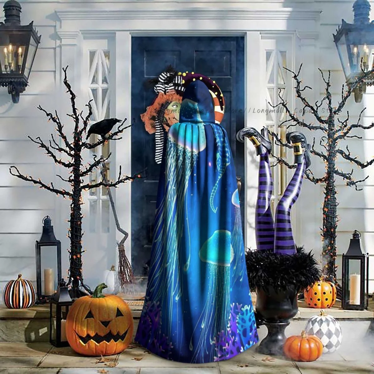 Magic Glowing Jellyfish Underwater Hooded Cloak Coat Halloween Cosplay Costume Vampire Devil Wizard Cape Gown Party image 6