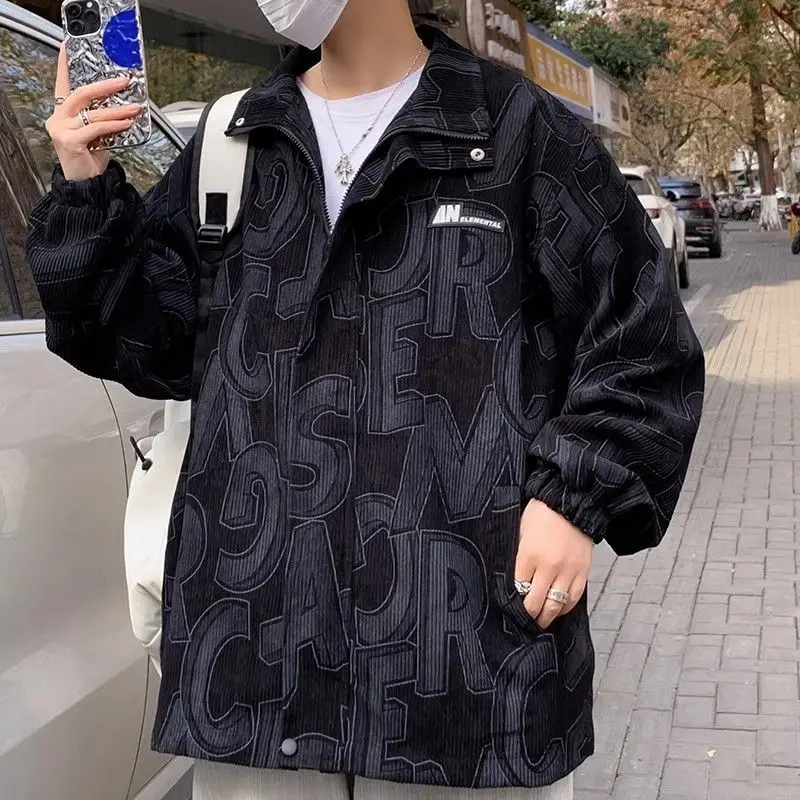 

Corduroy Jacket Men's Spring and Autumn Gown Hong Kong Trendy Casual Loose Full-print Letter Printed Jacket