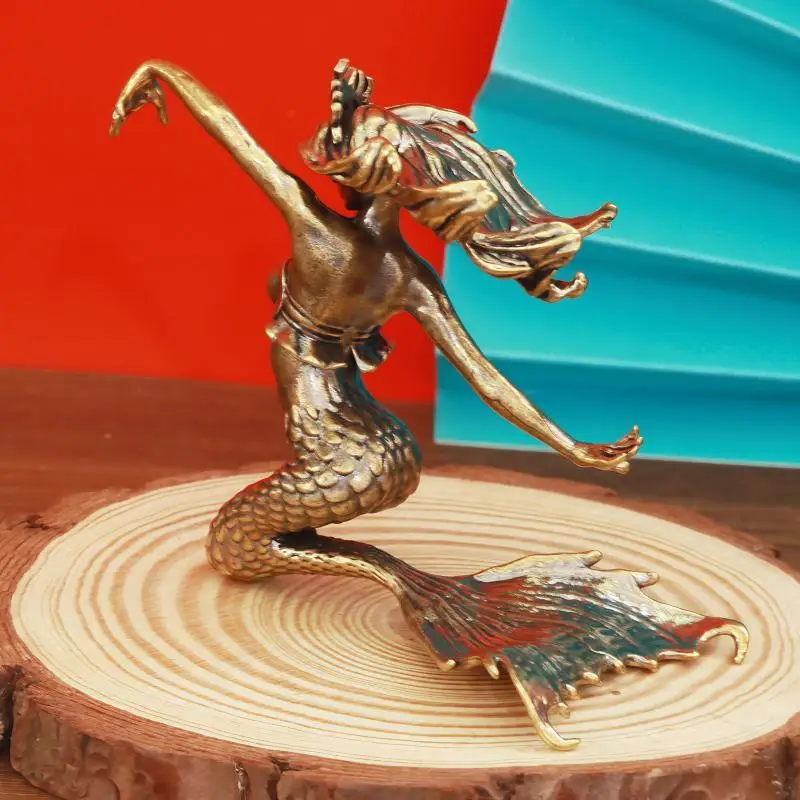 -Brass Mermaid Small Statue Retro Beauty Characters Miniatures Figurines Desktop Decor Crafts Home Decor