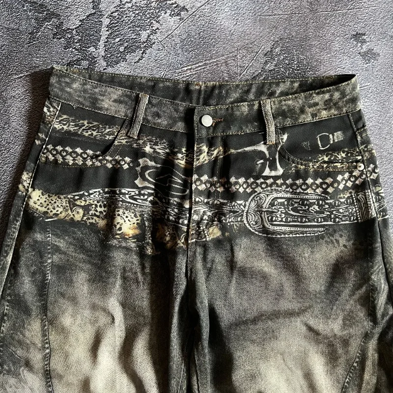 Y2K Fashion New Yellow Washed Old Pattern Printed Baggy Jeans Women Gothic Hip Hop Popular Casual Joker Wide-leg Pants - view 2