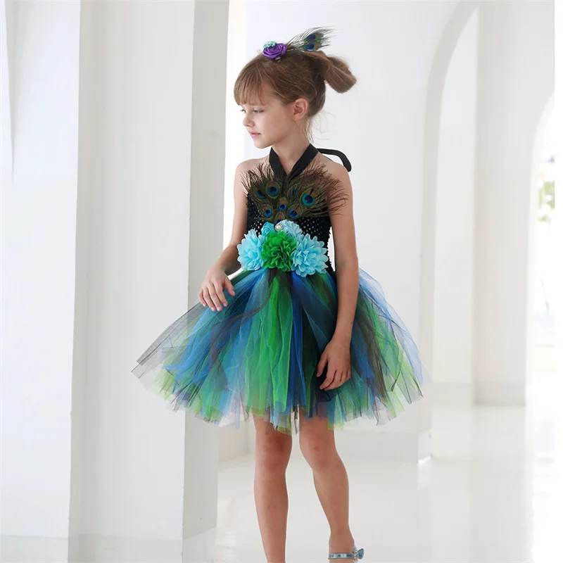 Peacock Design Kids Girls Wedding Tutu Dress Little Princess Birthday Party Lace Dance Halter Ball Gown Dresses