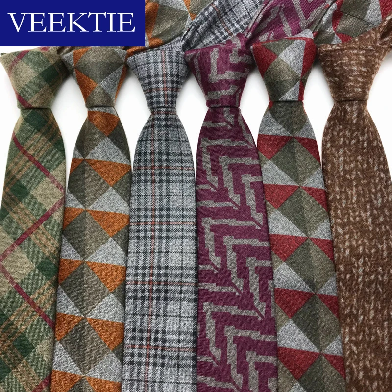 

VEEKTIE Brand England Old Fashion Knit Slim Neckties For Boys 6cm Hand Tie Winter Plaid Geometric Check Casual Uniforms Students