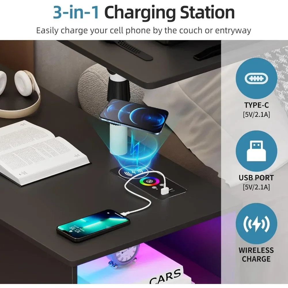 360° LED Nightstand with Wireless Charging Station, Movable Adjustable Bedside Table with Laptop Tray, Auto Sensor Night Stand