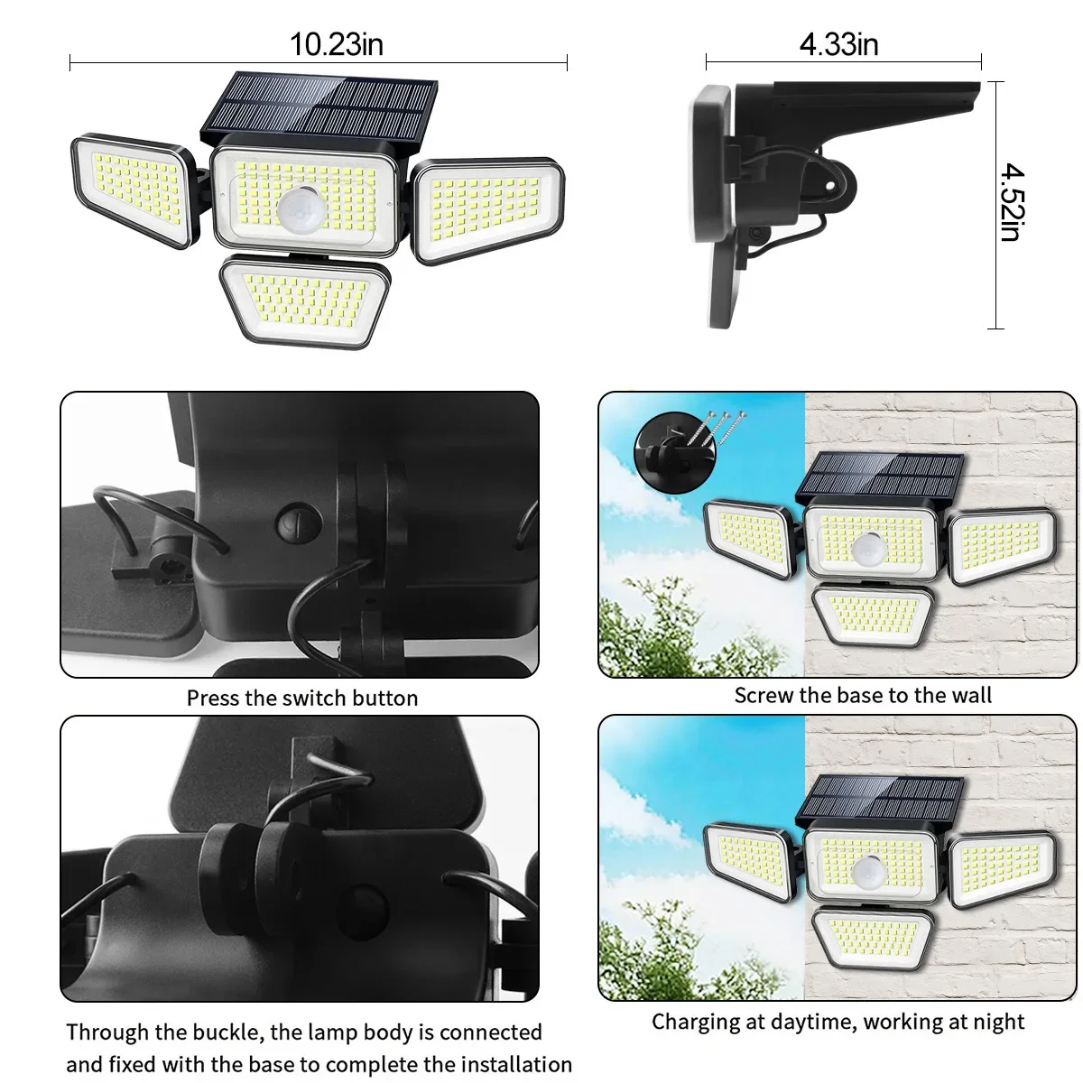 Imagem -05 - Luz de Parede Solar com Sensor do Corpo Humano 270led Quatro Cabeças Comutação de Três Modos ao ar Livre Impermeável Lâmpada de Parede para Pátio Mais Recente