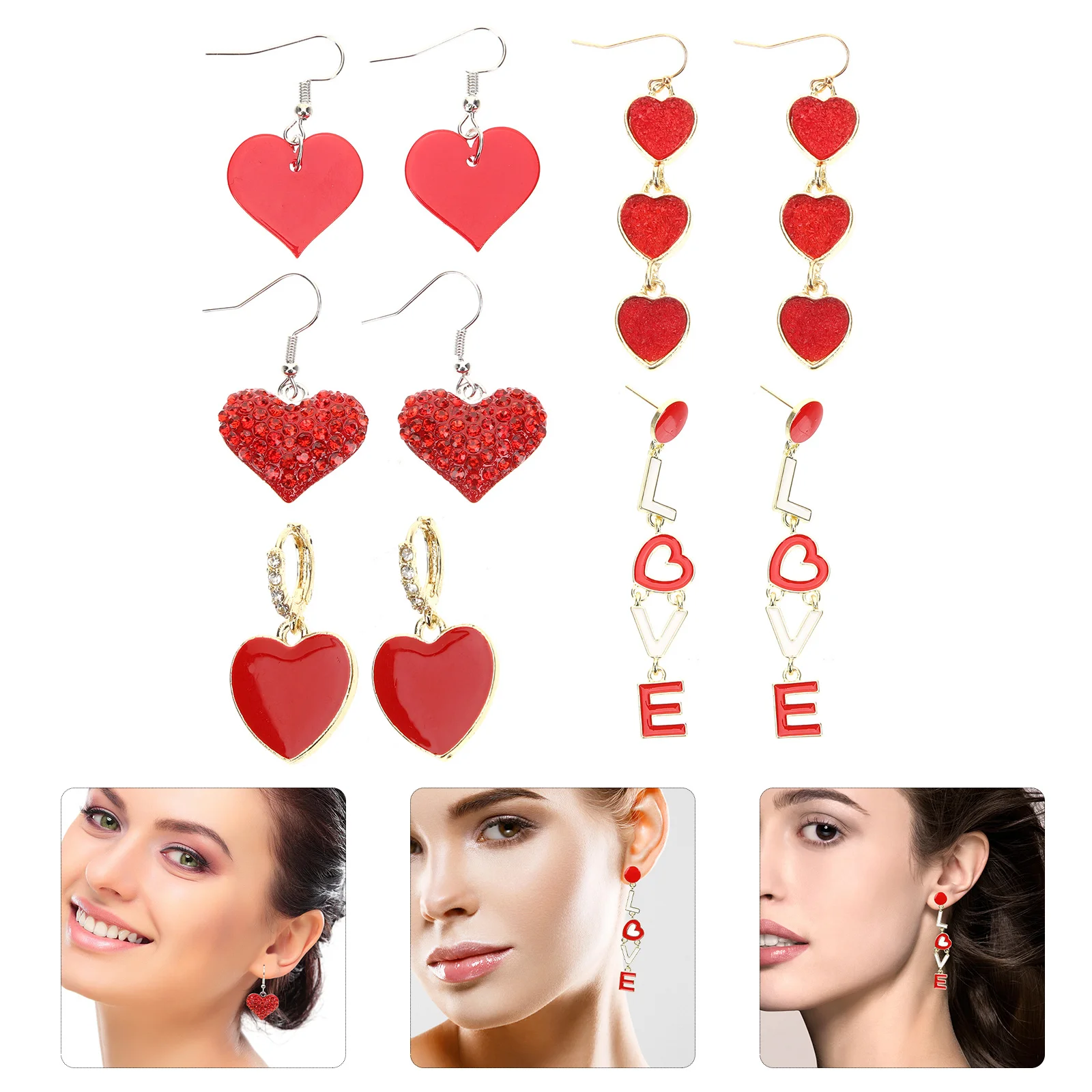 

5Pairs Heart Earrings Rhinestones Drop for Wedding Festival Birthday Valentine Women Dangle Jewelry Accessories