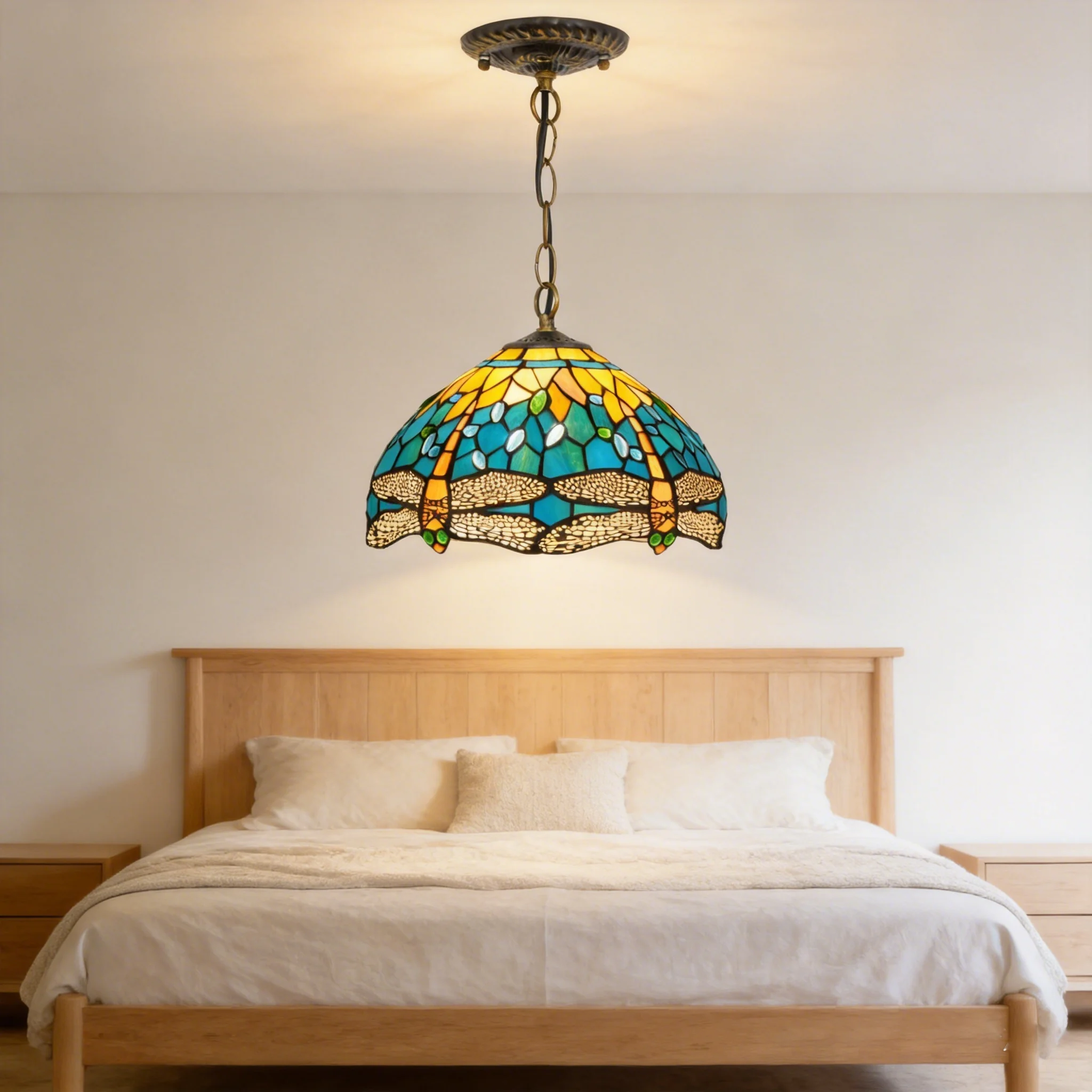 Tiffany Lamp Stained Glass Pendant Lights 12 Inches Antique Green Yellow Dragonfly Hanging Lamp for Home Kitchen Island Hallway