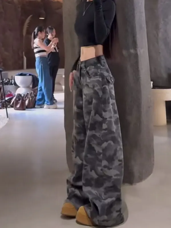 

High Waist Wide Leg Camouflage Workwear Jeans Women's Loose Large Size Draping Floor-Length Pants Casual Daily Commute