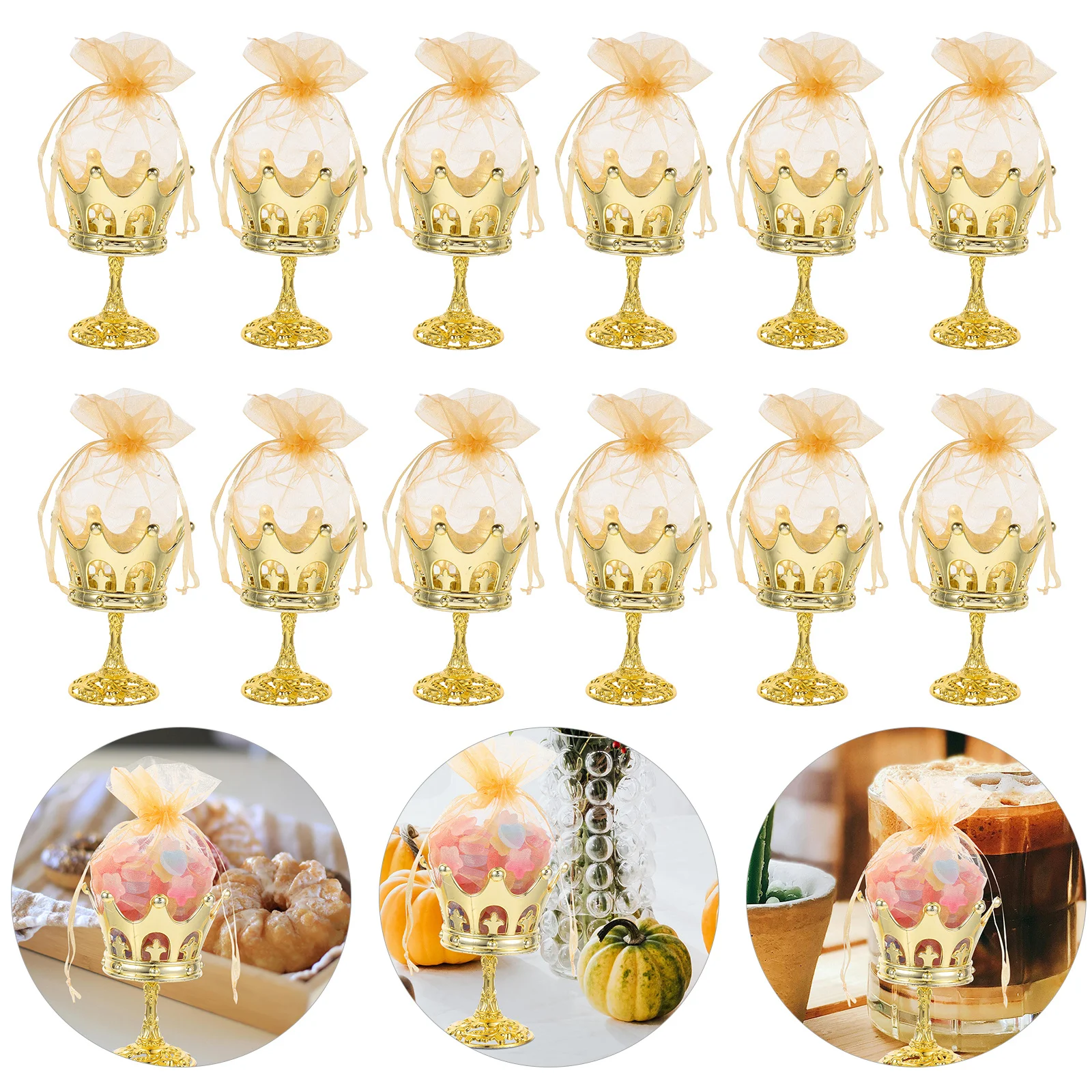 

12Pcs Crown Shaped Candy Boxes Drawstring Pouch Elegant Birthday Wedding Party Favors Golden Decorative Holder Christmas Baby