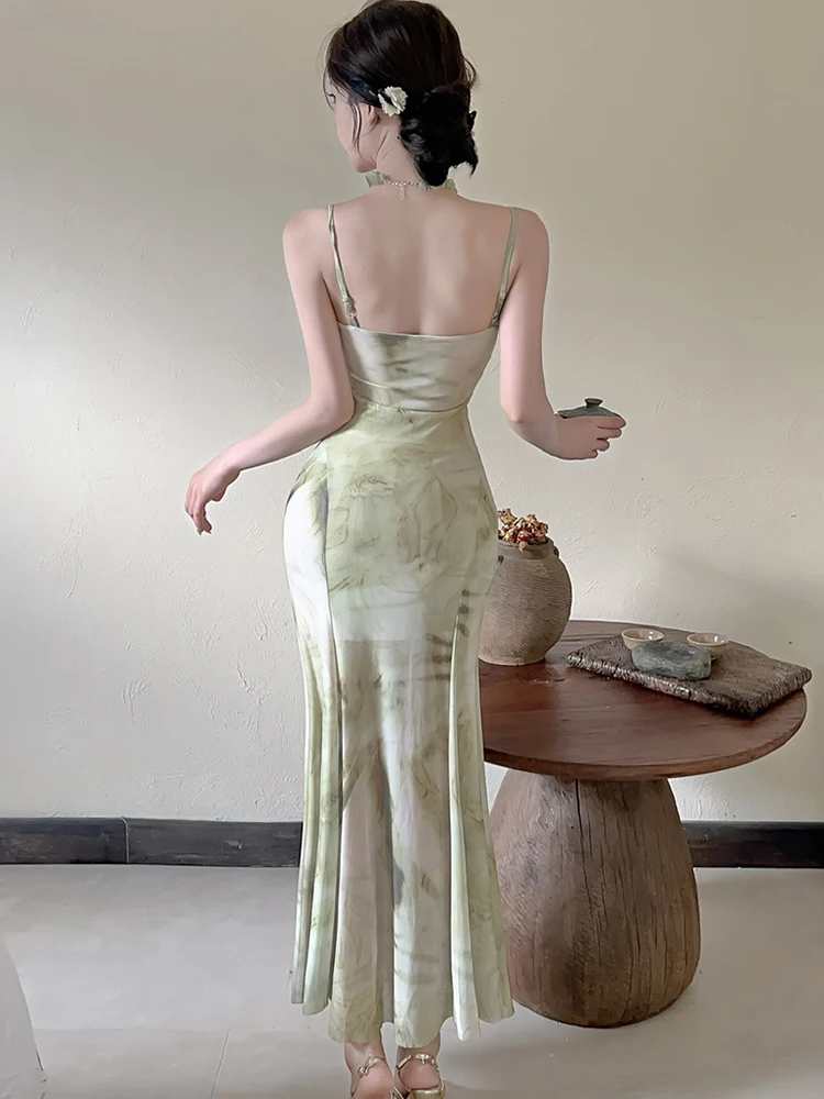 Women Green Floral Mesh Pleated Bodycon Sling Long Dress Summer Elegant Ruffled Luxury Evening Dress 2025 Korean Fesitval Dress