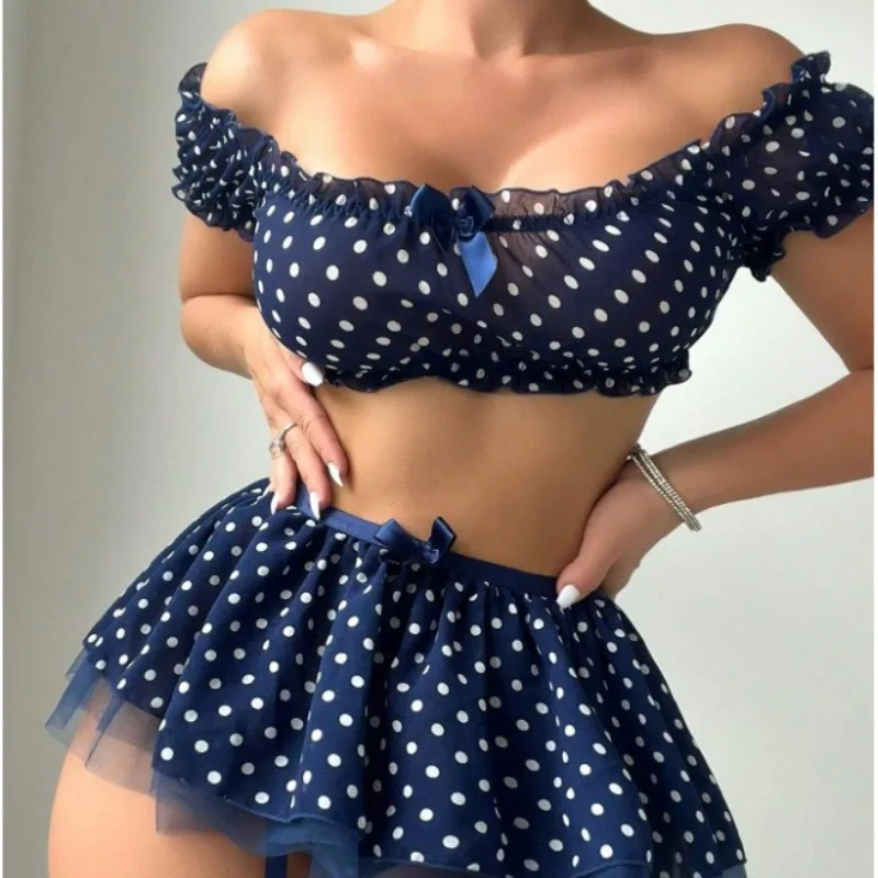 

Sexy Nightgowns Sleep Dress Sexy Polka Dot Off-shoulder Puff-sleeve Dress Set Woman Underwear Set Night Dress Corset Mujer