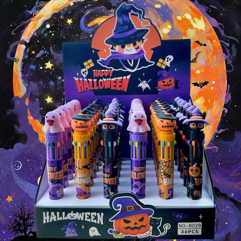 

Halloween 36Pcs Ten Color Ballpoint Pen Cartoon Set Fun Trick 0.7Mm Multicolor Trick Pen Students Learn Stationery Gifts