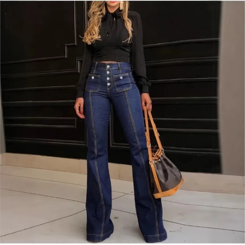 Fashionable Office Temperament Versatile Women's Jeans 2025 Autumn Casual Button High Waist Tight Jeans With Pockets Street Wind