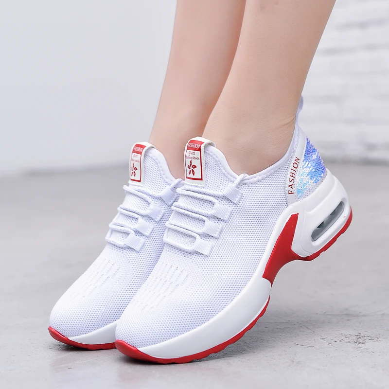 Women's Air Cushion Dance Shoes, Breathable Knit Jazz Sneakers with Sequins, Platform Walking Shoes for Modern Dancing 905