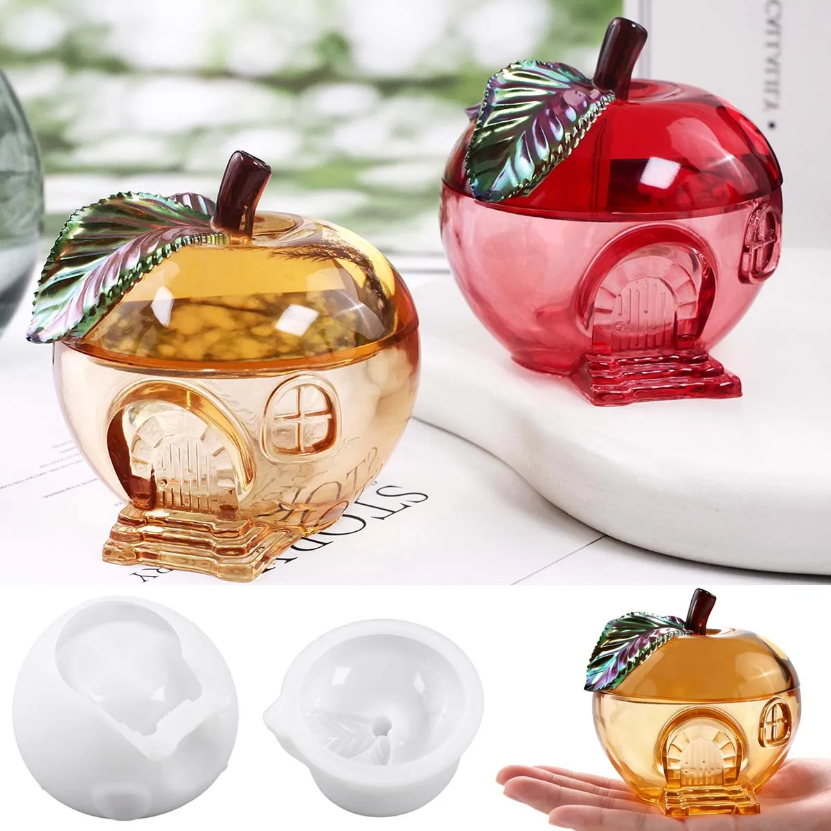 Moule en silicone pour pot à bougie Apple House, fait main, avec couvercle, boîte de rangement pour bijoux, pot de fleurs en plâtre ou résine, moule de moulage artisanal