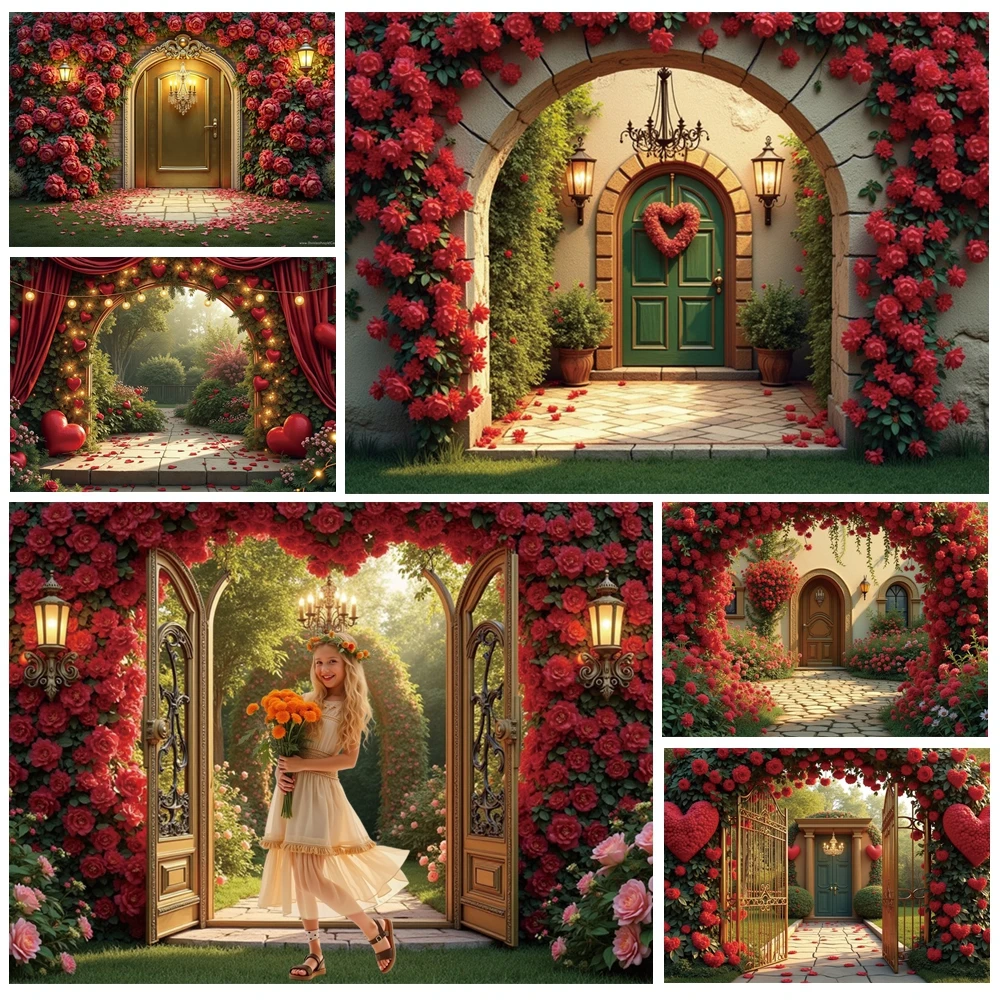 

MOON.QG 2026 Valentine'S Day Backdrop Rose Fairy Garden Gate Photo Background Wall Photobooth Props Studio Poster Wedding Decor
