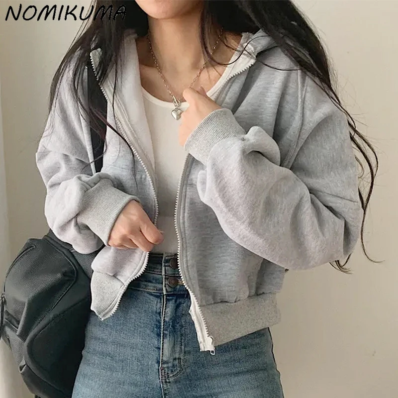 

Nomikuma Korea Chic Autumn Solid Drop Sleeve Pockets Zipper Hooded Short Sweatshirt Cardigan Women 2023 New Zip Up Hoodie