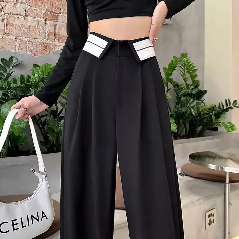 Pantalones de piernas anchas para mujer, pantalones versátiles de cintura alta con diseño de sentido de flacidez, traje de fregona para mujer, primavera y verano