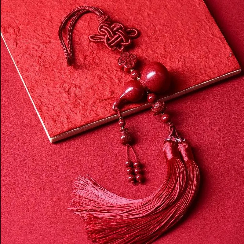 Chinese Traditional Red Cinnabar Gourd Car Hanging Ornament Lucky Chinese Knot Tassel Rearview Mirror Pendant For Blessing Safet