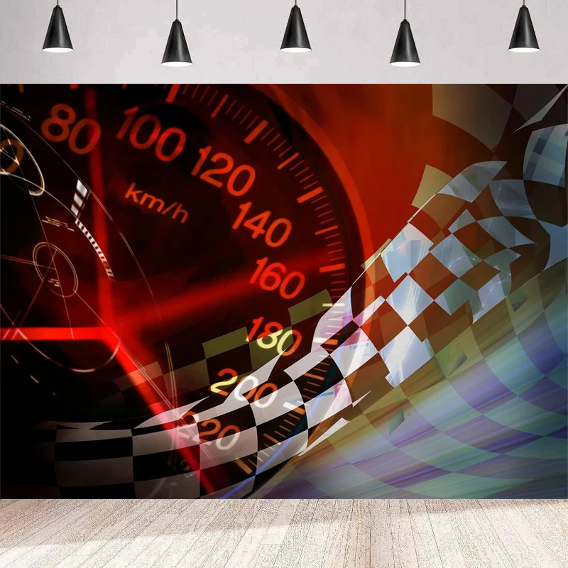 Car Racing Photography Backdrop Game Checkered Flag Car Dash Board Background Motorsport Champion Sport Competition Race Party