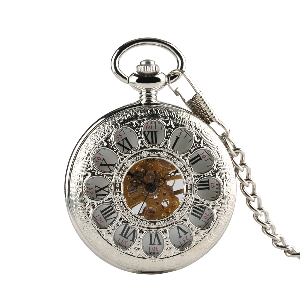 Transparent Hollow Roman Numerals Display Mechanical Pocket Watch Hand-Winding Luxury Vintage Pendant Chain Clock Gift Male