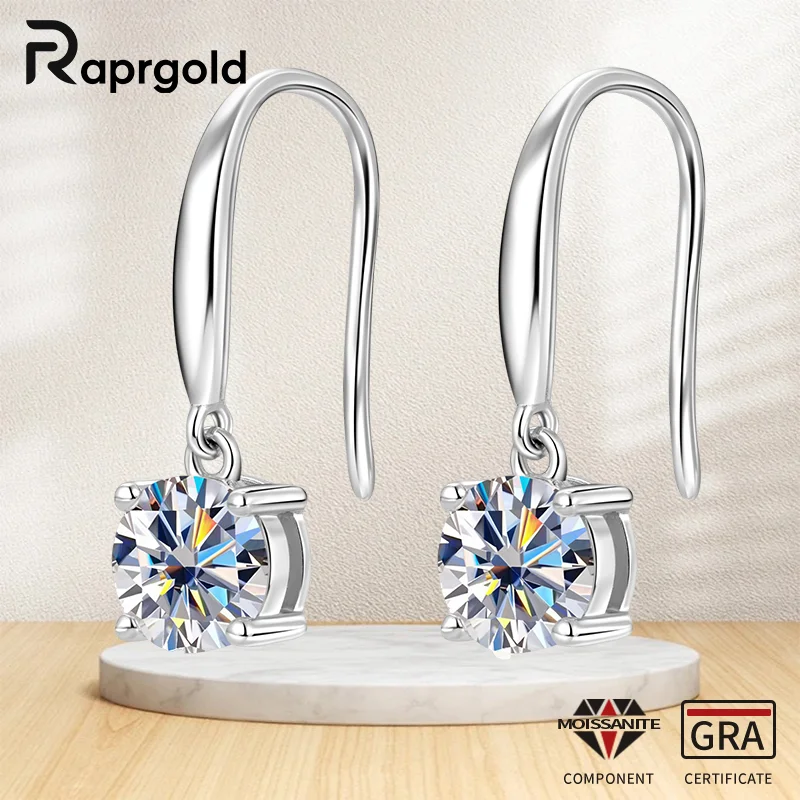 

RAPRGOLD D VVS 1.0CT Round Moissanite Stud Earrings for Women Real S925 Sterling Silver Piercing Hook Earring Fine Jewelry Gifts