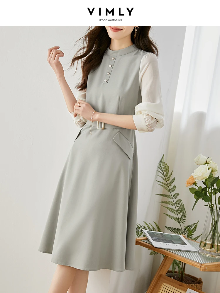 Vimly Elegant Dresses for Women 2024 Spring Stand Collar Belted Waist Slim Patchwork Long Sleeve A Line Midi Dress Office Ladies