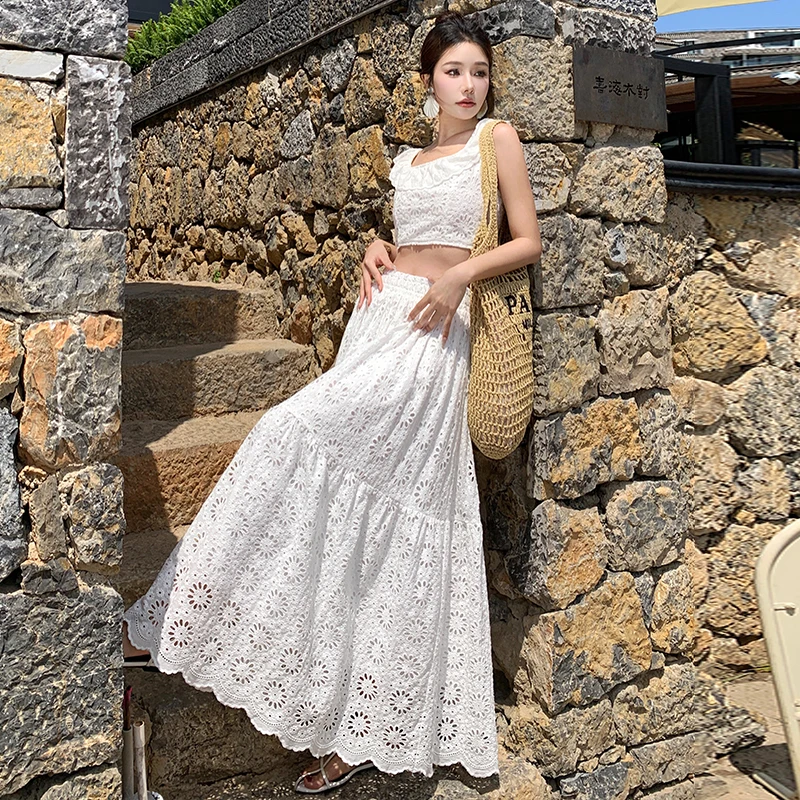 

Sexy 2pcs Beach Long Dress Women Summer Vacation Ruffle Cropped Tops A Line Hollow Out Embroidery Long Skirts Sets Cotton Linen
