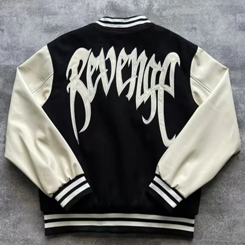 

High Quality Embroidered Revenge Baseball Jacket Pockets Warm Cotton-padded Clothes Casual Revenge Spliced Leather Sleeve Jacket