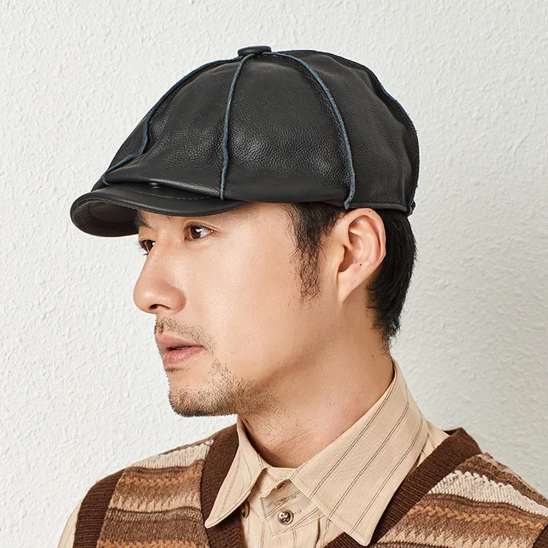 Casquette Genuine Leather Beret Hat Winter Men's Cowhide Leather Elegant Fashion Student Tongue Cap Snapback Caps For Driver