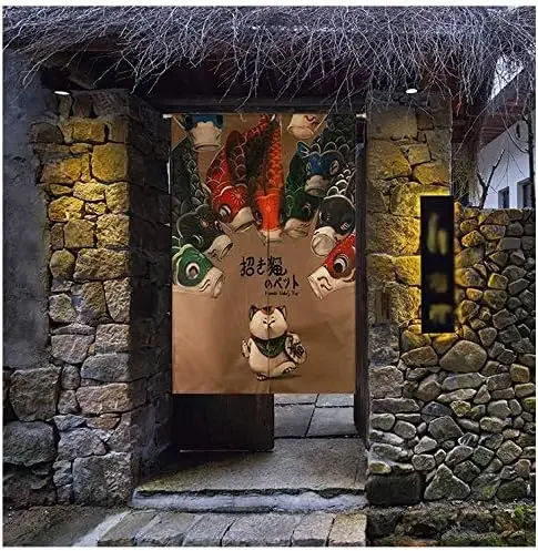 Lucky Cat Noren Japanese Curtain - Koi Fish Entrance Feng Shui Door Curtain (Cat and Fish, 33 by 59 Inch)