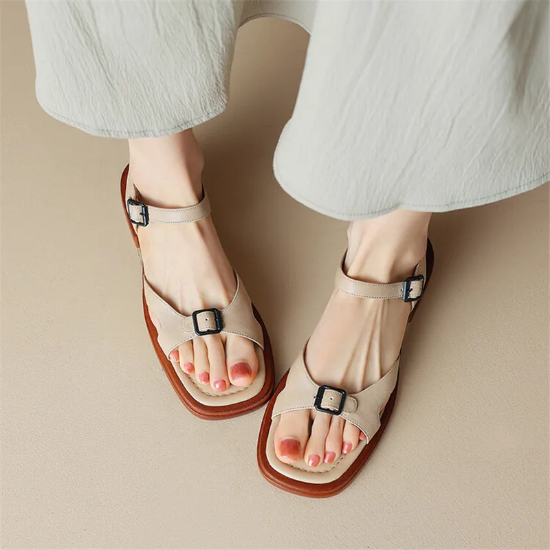 2023 NEW Summer Women Sandals Genuine Leather Chunky Heel Shoes Square Toe Low Heel Shoes for Women Cow Leather Shoes Handmade