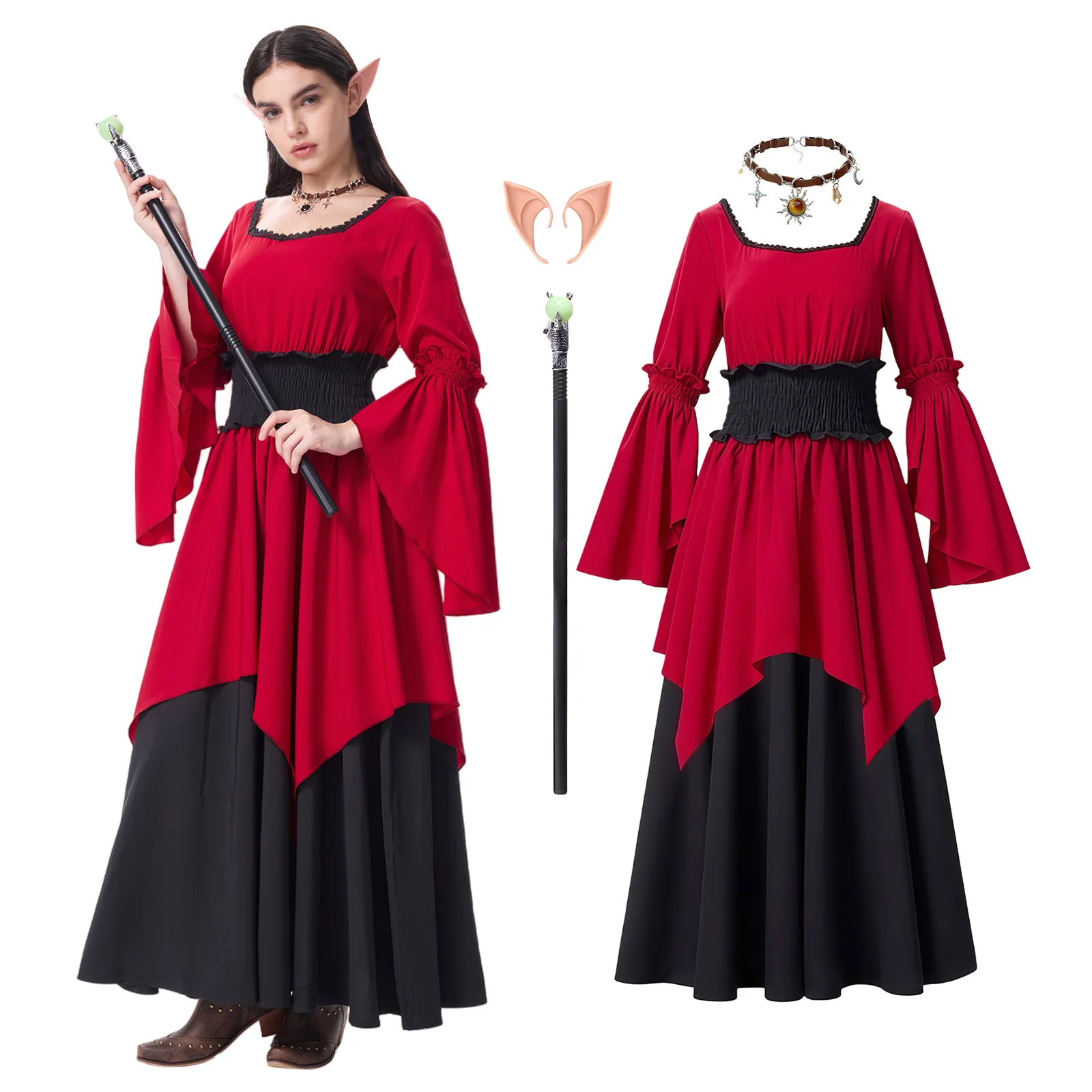 

Костюм ведьмы эпохи Возрождения, женское средневековое красное викторианское платье, готическое платье феи вампира, косплей на Хэллоуин