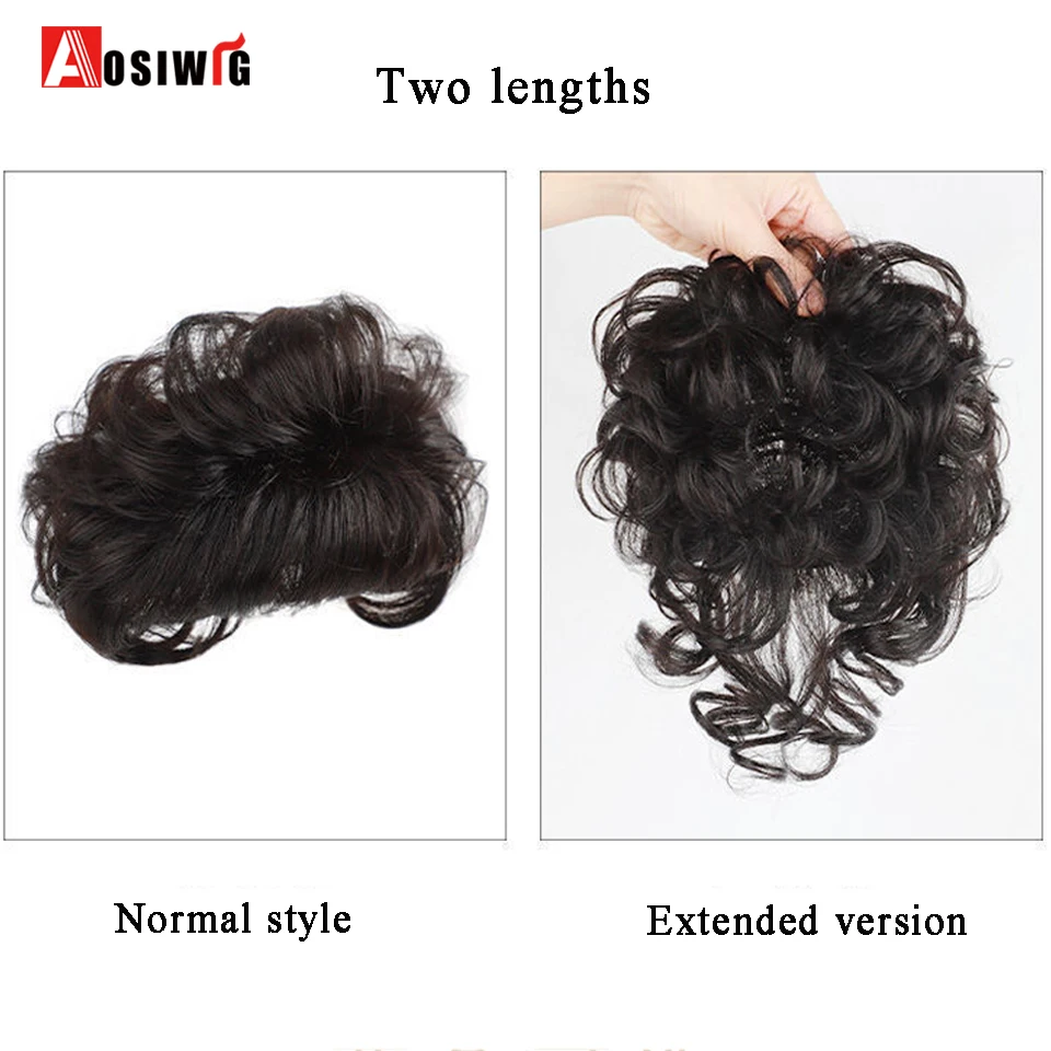 AOSIWIG Synthetic Short Curly Black Brown Wig Top Toupee Clip In Hair Extension Replacement System Closure Hairpiece Bangs Women