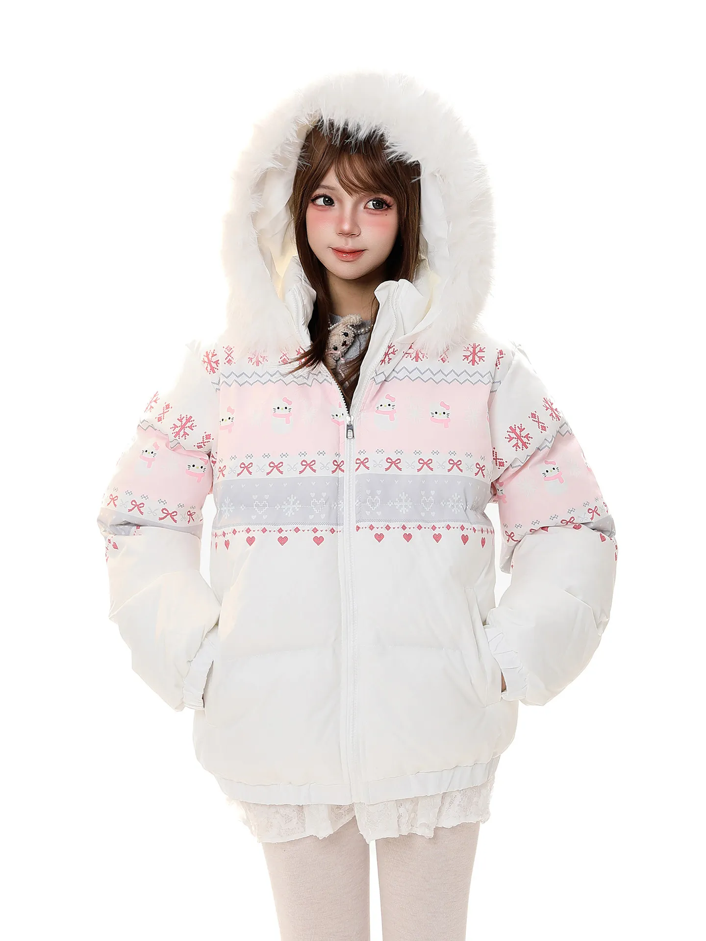 

Sweet Cartoon Print Hooded Thiened Cotton Jaet Women's Winter Warm Bread Sle Outerwear Casual Loose Fit Zipper Closure